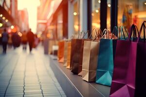 een reeks van kleurrijk boodschappen doen Tassen met handvatten. papier boodschappen doen Tassen dichtbij omhoog. boodschappen doen dagen concept door ai gegenereerd foto