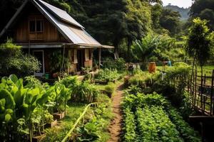 houten huis in dorp met planten en bloemen in achtertuin tuin. tuin en bloem Aan landelijk huis concept door ai gegenereerd foto