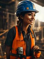 vrouw ingenieur werken Aan een bouw plaats, bouw moeilijk hoed en werk vest.generatief ai. foto