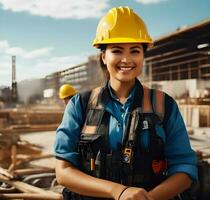 vrouw ingenieur werken Aan een bouw plaats, bouw moeilijk foto