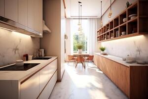 modern keuken interieur ontwerp in appartement of huis met meubilair. luxe keuken huis Scandinavisch concept door ai gegenereerd foto