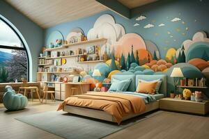 modern kind slaapkamer interieur ontwerp in huis met decoratie kinderen. kleurrijk kinderen slaapkamer concept door ai gegenereerd foto