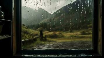 regen druppels Aan de venster, berg visie in de achtergrond, generatief ai foto