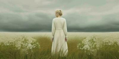 surrealistische foto van een meisje in natuur, bloem veld, voorraad, vrouw schoonheid, blond, roodharige, generatief ai
