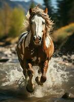 een wild paard rennen in de kreek. wild of boerderij dieren concept door ai gegenereerd foto