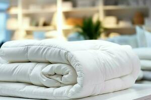 mooi luxe comfortabel wit hoofdkussen en deken Aan bed decoratie. luxe wit naar beneden dekbed concept door ai gegenereerd foto