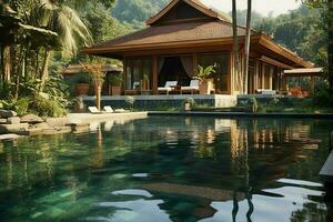 Thais balinees luxe villa met oneindigheid zwemmen zwembad. een tropisch tuin in Ubud Bali Indonesië concept door ai gegenereerd foto