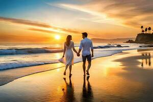 jong paar in liefde wandelen in de strand Bij zonsondergang ai gegenereerd. foto