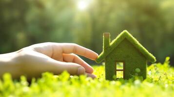 hand- Holding eco huis icoon. een symbool van hoop voor de toekomst. ai generatief foto