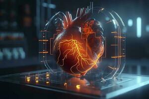 een gui hologram van een futuristische menselijk hart, holografische sci-fi koppel, gegevens lijnen, schubben, en grafieken, filmisch, ai generatief foto