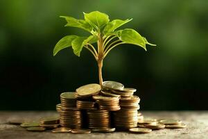 bedrijf groei met een groeit boom Aan een munt. tonen financieel ontwikkelingen. financieel planning concept door ai gegenereerd foto