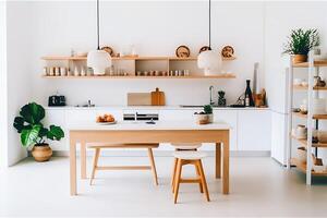 modern keuken interieur ontwerp in appartement of huis met meubilair. luxe keuken huis Scandinavisch concept door ai gegenereerd foto