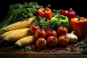 verzameling mengen vers groenten en fruit voor een salade. gezond eetpatroon concept en groenten voedsel door ai gegenereerd foto