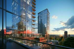 met glas bekleed wolkenkrabbers van reflecterend de zonsondergang tinten. modern hotel gebouwen in bedrijf wijk concept door ai gegenereerd foto