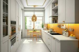 modern keuken interieur ontwerp in appartement of huis met meubilair. luxe keuken huis Scandinavisch concept door ai gegenereerd foto