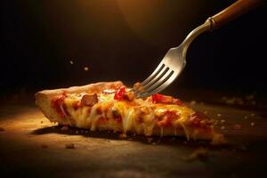 een heerlijk plak van kaas pizza wezen geplukt omhoog door een vork foto