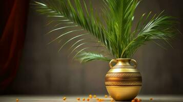 een groot gouden vaas met palm bladeren uitstekend van het. foto
