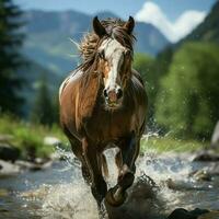 een wild paard rennen in de kreek. wild of boerderij dieren concept door ai gegenereerd foto