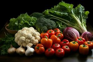 verzameling mengen vers groenten en fruit voor een salade. gezond eetpatroon concept en groenten voedsel door ai gegenereerd foto