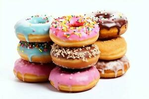 kleurrijk en smakelijk divers donuts met kleurrijk hagelslag suiker. heerlijk toetje donuts achtergrond concept door ai gegenereerd foto