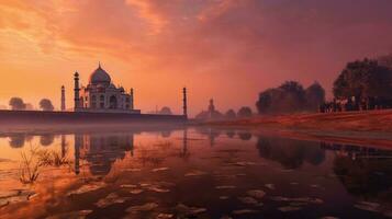 de verbijsterend mughal taj mahal paleis gedurende een mooi zonsondergang. foto