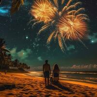 een Mens en vrouw paar aan het kijken kleurrijk vuurwerk Bij strand voor vieren vakantie of gelukkig nieuw jaar concept door ai gegenereerd foto