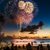 een Mens en vrouw paar aan het kijken kleurrijk vuurwerk Bij strand voor vieren vakantie of gelukkig nieuw jaar concept door ai gegenereerd foto