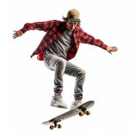 een Kaukasisch Mens aan het doen trucs of jumping Aan een skateboard Bij de straat. jong Mens met schaatser jumping concept door ai gegenereerd foto