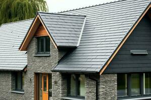 een modern privaat huis is gedekt met metaal tegels dakbedekking of grijs leisteen dak. wijnoogst gebogen kader concept door ai gegenereerd foto