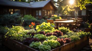 houten huis in dorp met planten en bloemen in achtertuin tuin. tuin en bloem Aan landelijk huis concept door ai gegenereerd foto