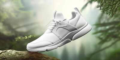 wit blanco sport- schoenen mockup met natuurlijk thema achtergrond. ai generatief foto