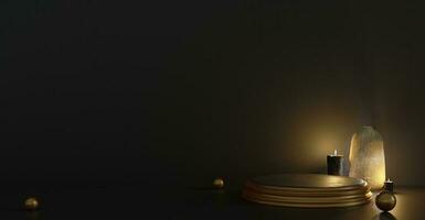gouden cirkel podium in een donker kamer tafereel met kaarsen en zacht geel lichten achtergrond 3d illustratie foto