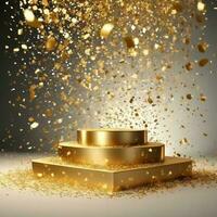 realistisch gouden podium met sprankelend confetti en wit achtergrond foto