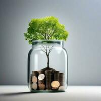 een boom groeit Aan een munt in een glas met kopiëren ruimte met schoon achtergrond foto