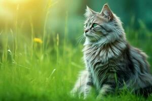 schattig kat kijken naar de kant en zittend in de tuin of gras. kat in natuur leefgebied. kat dag concept door ai gegenereerd foto