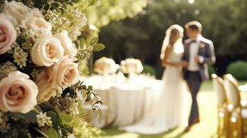 bruiloft ceremonie en viering, bruid en bruidegom Bij een mooi buitenshuis evenementenlocatie Aan een zonnig dag, luxe bruiloft decor met bloemen en bruids boeket, generatief ai foto