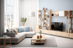 modern appartement interieur in leven of slaapkamer ontwerp met werken tafel, meubilair, en boekenplank. luxe huis Scandinavisch concept door ai gegenereerd foto