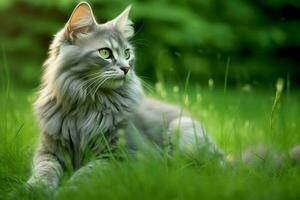 schattig kat kijken naar de kant en zittend in de tuin of gras. kat in natuur leefgebied. kat dag concept door ai gegenereerd foto