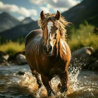 een wild paard rennen in de kreek. wild of boerderij dieren concept door ai gegenereerd foto