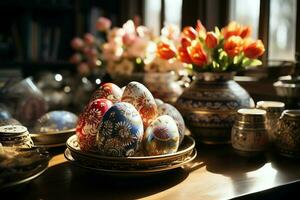 Pasen dag concept in leven kamer met konijn, snoepgoed of veel kleurrijk decoratief Pasen eieren. geschilderd eieren Aan rietje nest en bloem. Pasen viering. Pasen dag achtergrond door ai gegenereerd foto