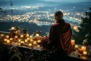 een Boeddha zit in de berg met een lotus en kaarsen. achtergrond voor vesak viering. vesak dag concept. vesak viering dag groeten concept door ai gegenereerd foto