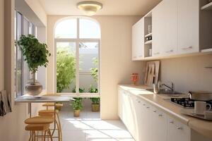 modern keuken interieur ontwerp in appartement of huis met meubilair. luxe keuken huis Scandinavisch concept door ai gegenereerd foto