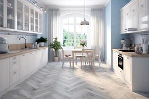 modern keuken interieur ontwerp in appartement of huis met meubilair. luxe keuken huis Scandinavisch concept door ai gegenereerd foto