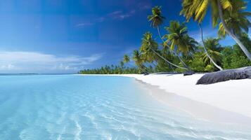 tropisch paradijs strand met wit zand en kristal Doorzichtig blauw water. mooi natuurlijk zomer vakantie vakantie achtergrond. reizen toerisme breed panorama achtergrond concept. ai generatief foto