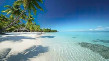 tropisch paradijs strand met wit zand en kristal Doorzichtig blauw water. mooi natuurlijk zomer vakantie vakantie achtergrond. reizen toerisme breed panorama achtergrond concept. ai generatief foto