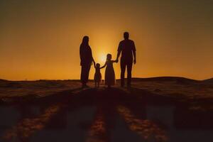 schaduw van gelukkig familie samen, ouders met hun weinig baby Bij zonsondergang. een silhouet van liefde en eenheid. ai generatief foto