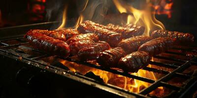 ai gegenereerd. ai generatief. bbq rooster barbecue steak beed varkensvlees worstjes Aan brand voorbereiden vlees voedsel. partij tuin restaurant uitstraling. grafisch kunst foto