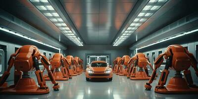 ai gegenereerd. ai generatief. automotive fabriek auto productie door robots toekomst technologie. grafisch kunst foto