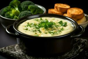 een heerlijk groenten soep voedsel in een schaal. winter voedsel en hoog eiwit soep maaltijd concept door ai gegenereerd foto