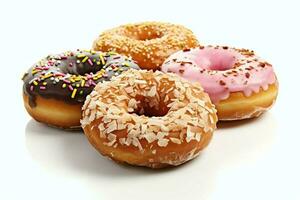 kleurrijk en smakelijk divers donuts met kleurrijk hagelslag suiker. heerlijk toetje donuts achtergrond concept door ai gegenereerd foto